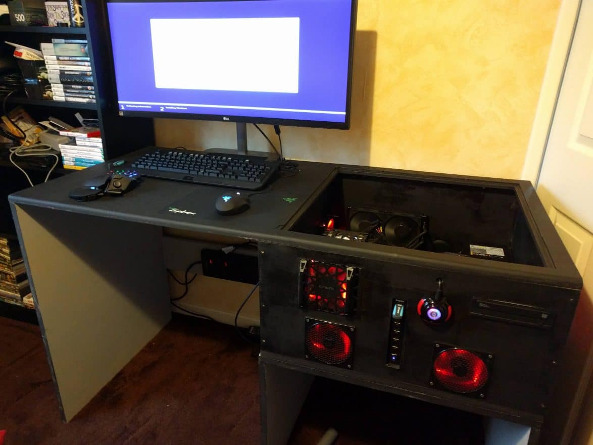 A gaming PC built into a desk