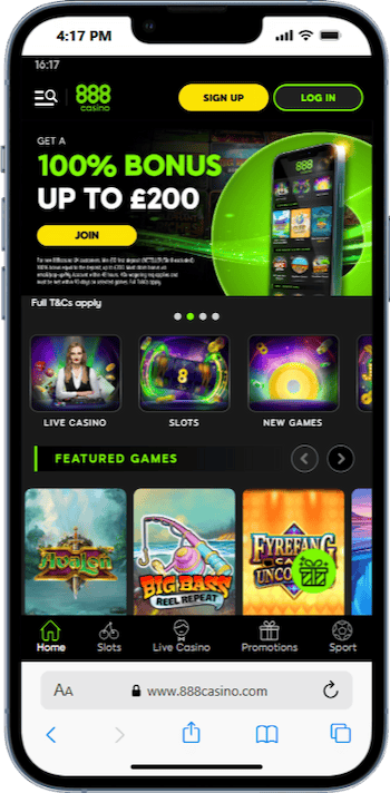 888 online casino mobile app displaying popular casino games and promotional offer in vibrant colours.