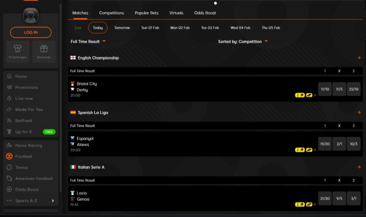 888 sport review 2 A vibrant image of 888 sports betting platform showcasing live football matches, including english championship, spanish la liga, and italian serie a, with odds options displayed for betting.