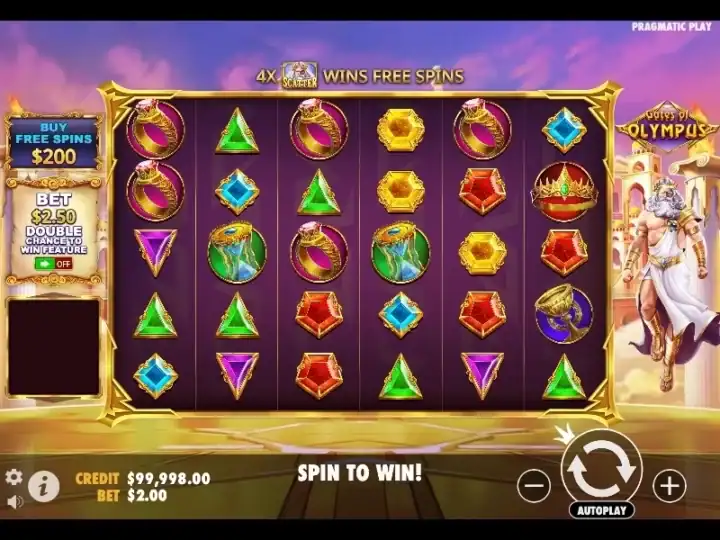Gates of olympus demo - a scenic greek-themed slot game with vibrant symbols and free spin features for online casino gaming.
