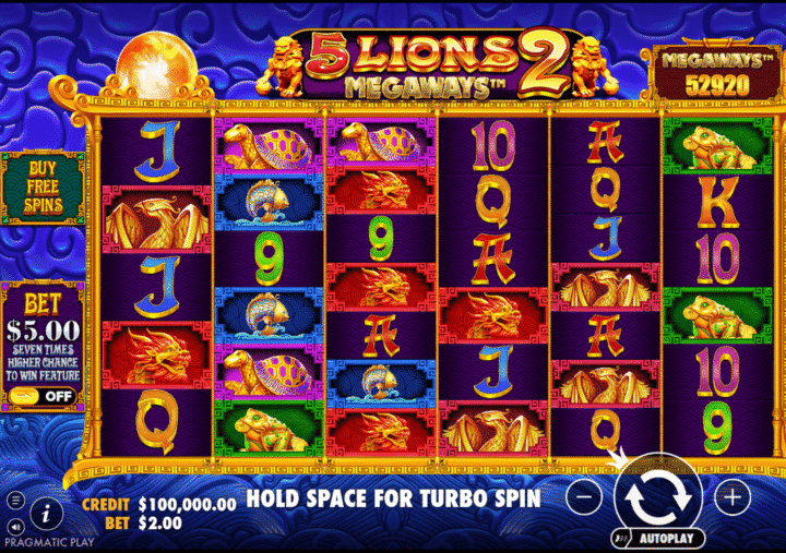 The 5 Lions Megaways 2 demo slot is a Fortune Dragon themed online slot game with vibrant colors and Asian-inspired symbols for an engaging casino experience.