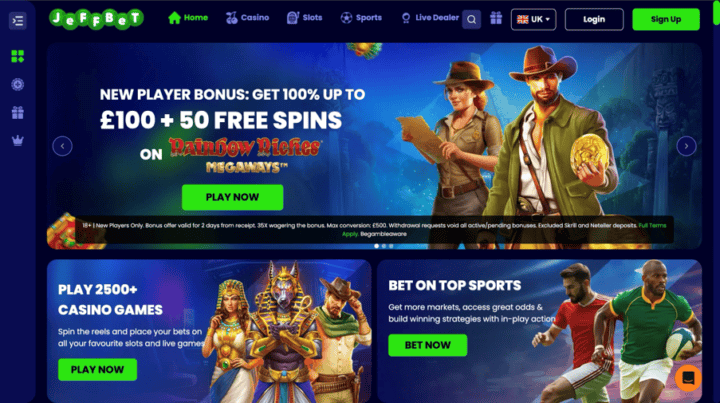 Jeffbet casino review 2 Jeffbet online casino homepage banner featuring two characters in cowboy attire promoting new player bonuses and free spins.