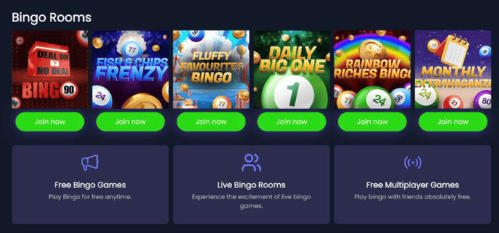 Spinzwin bingo review 4 Screenshot of spinzwin bingo rooms showcasing various themed bingo games and colourful graphics, highlighting the platform's engaging and user-friendly interface.