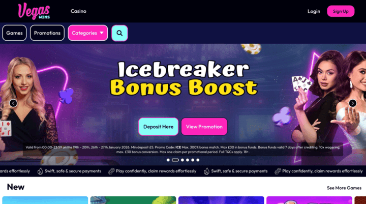 Vegas wins casino review 1 Exciting vegas wins casino scene with players enjoying games at vegas wins, highlighting the icebreaker bonus boost offer for new and returning players.