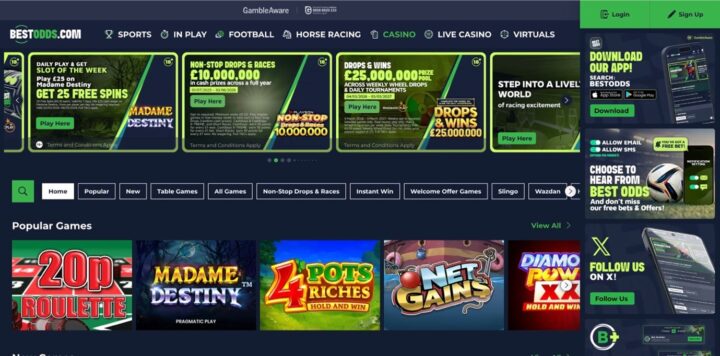 Best odds review 1 Screenshot of best odds online betting platform showcasing various sports betting options, promotions, and live casino features.